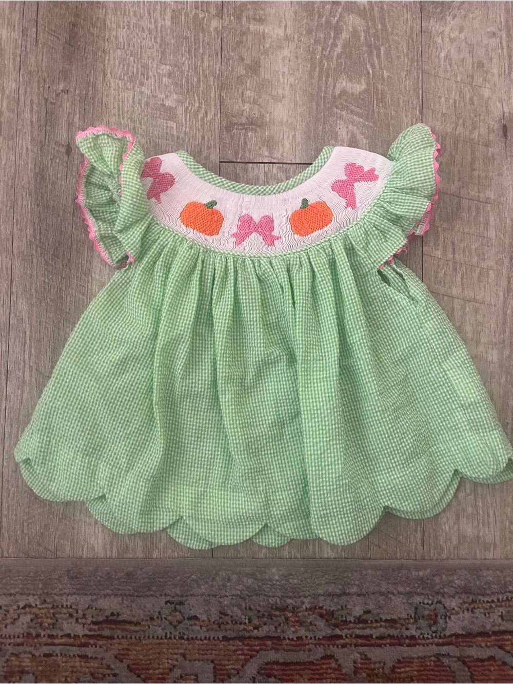 Smocked Green Seersucker Baby Dress with Pink Accents